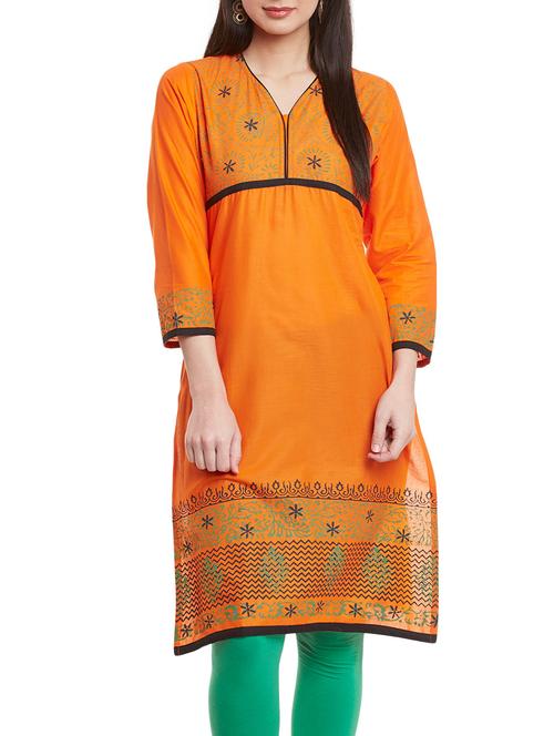 orange cotton straight block printed kurti - 12594221 - Very Small Image - 1