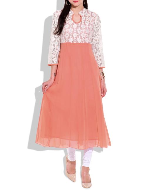 Coral Flared Laced Anarkali Kurta - 1264044 - Very Small Image - 1
