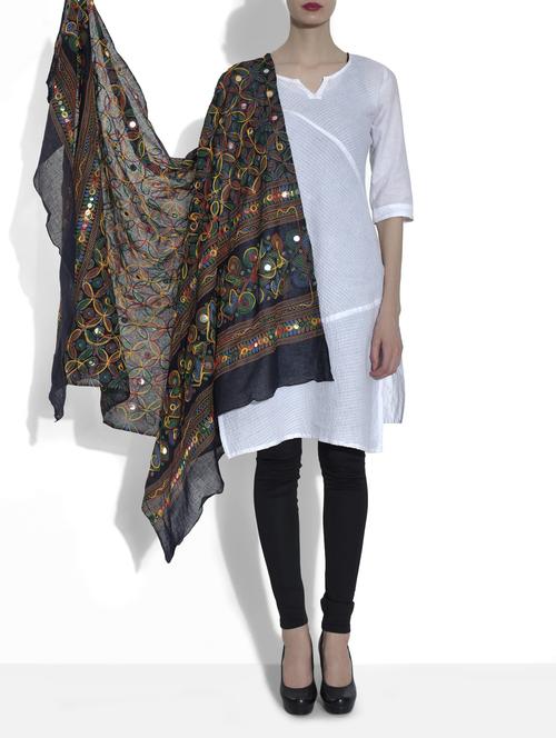 black embroidered cotton mirror work dupatta - 1265241 - Very Small Image - 1