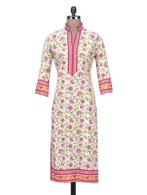 Floral Printed White and Pink Cotton Kurta - 1266525 - Very Small Image - 1