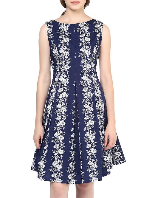 navy blue floral printed cotton fit & flare dress - 12691291 - Very Small Image - 1