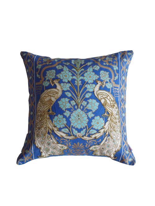 blue printed and hand embellished peacock cotton cushion cover 16" x 16" - 12719822 - Very Small Image - 1