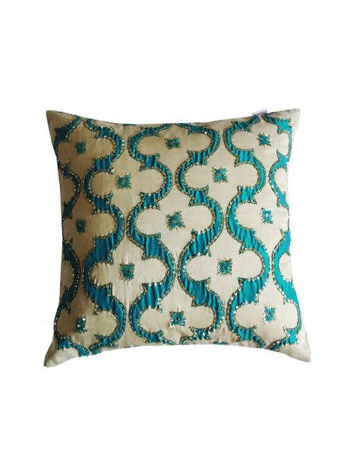 teal hand work jali pattern cushion cover 16" x16" - 12719829 - Very Small Image - 1