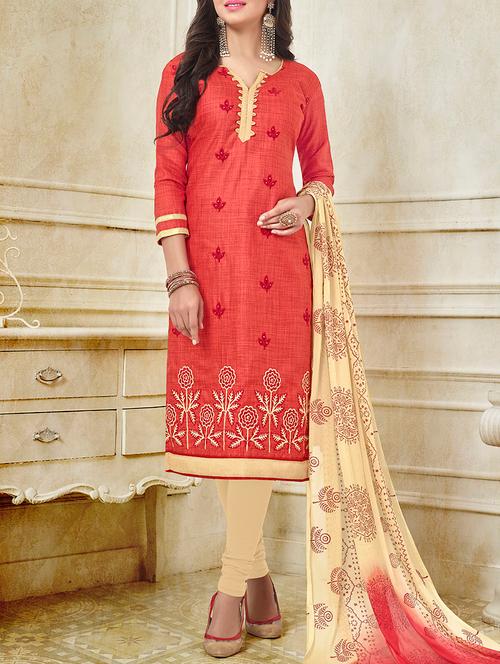 red khadi cotton churidaar dress material - 12755047 - Very Small Image - 1