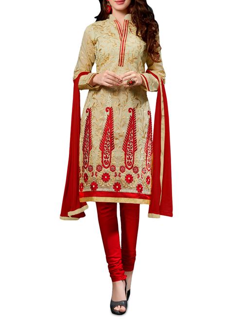 beige and red unstitched embroidered suit set - 1276673 - Very Small Image - 1