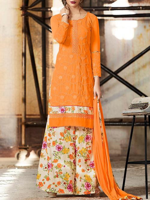 orange georgette unstitched suit - 12773976 - Very Small Image - 1