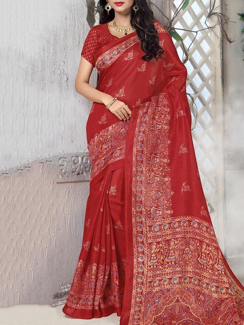 red art silk printed saree with blouse - 12773988 - Very Small Image - 1