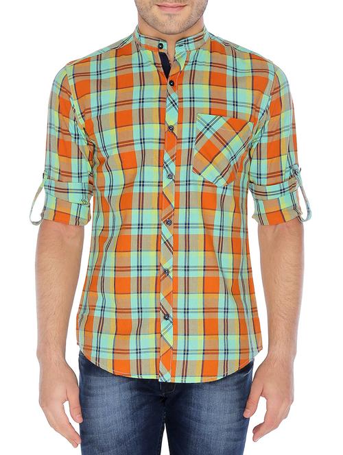 orange cotton checked casual shirt - 12777299 - Very Small Image - 1