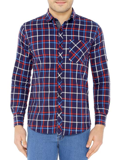navy blue cotton checked casual shirt - 12777310 - Very Small Image - 1