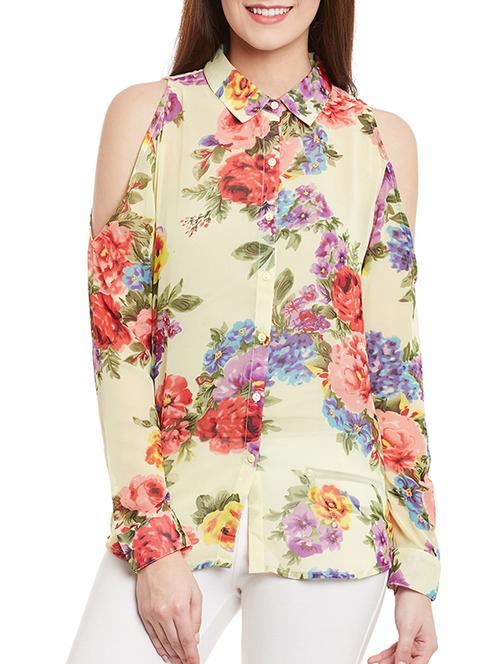 yellow floral printed georgette regular shirt - 12780098 - Very Small Image - 1