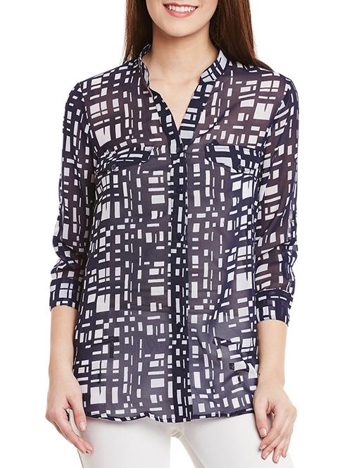 navy blue printed georgette regular shirt - 12780104 - Very Small Image - 1