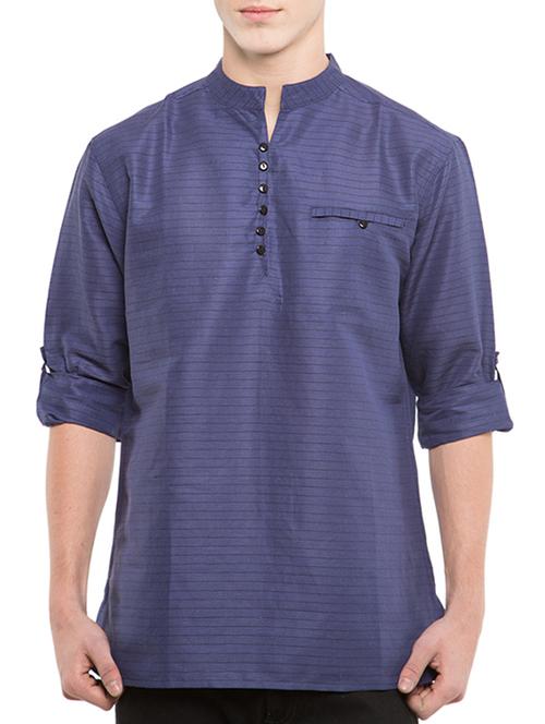 navy blue linen striped kurta - 12785567 - Very Small Image - 1