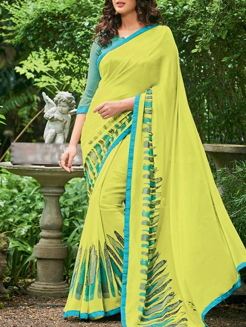 yellow georgette printed saree - 12786204 - Very Small Image - 1