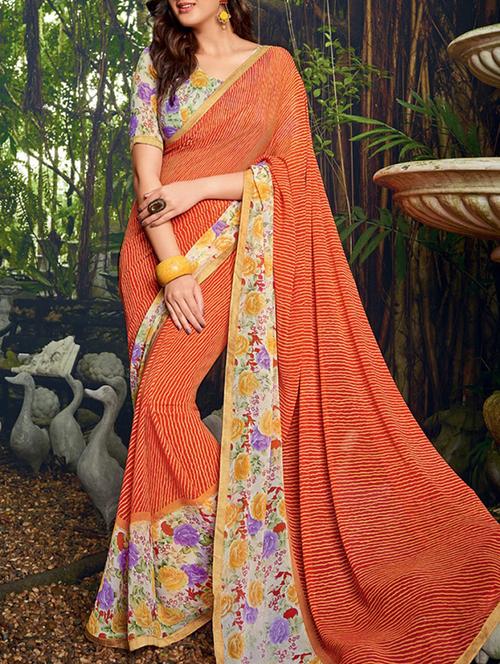 orange georgette printed saree - 12786209 - Very Small Image - 1