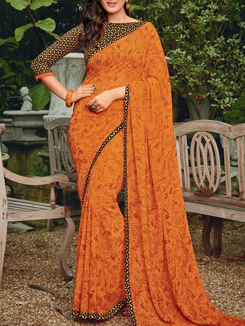 orange georgette printed saree - 12786218 - Very Small Image - 1