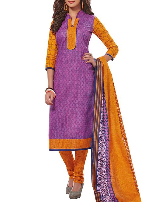 purple cotton printed unstitched suit - 12786380 - Very Small Image - 1