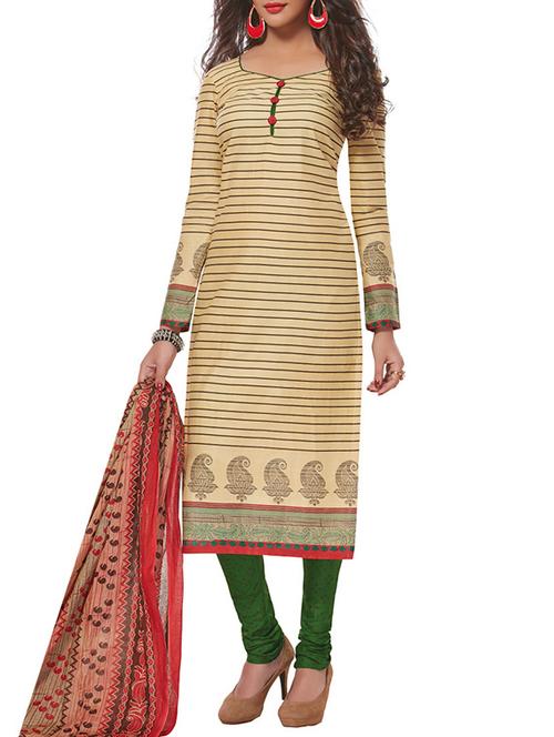 beige cotton printed unstitched suit - 12786384 - Very Small Image - 1