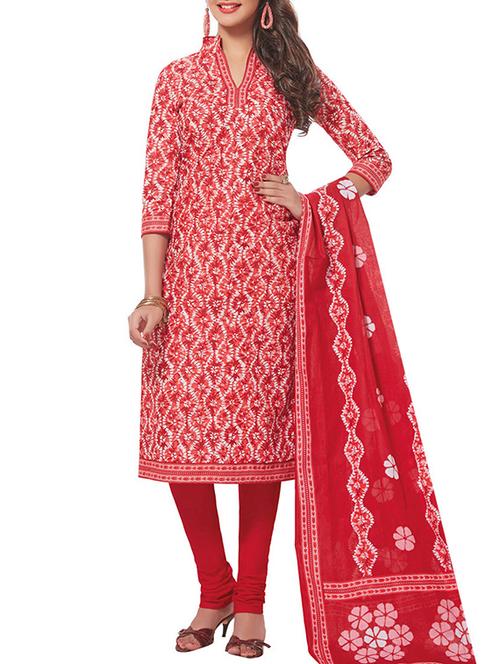 red cotton printed unstitched suit - 12786386 - Very Small Image - 1
