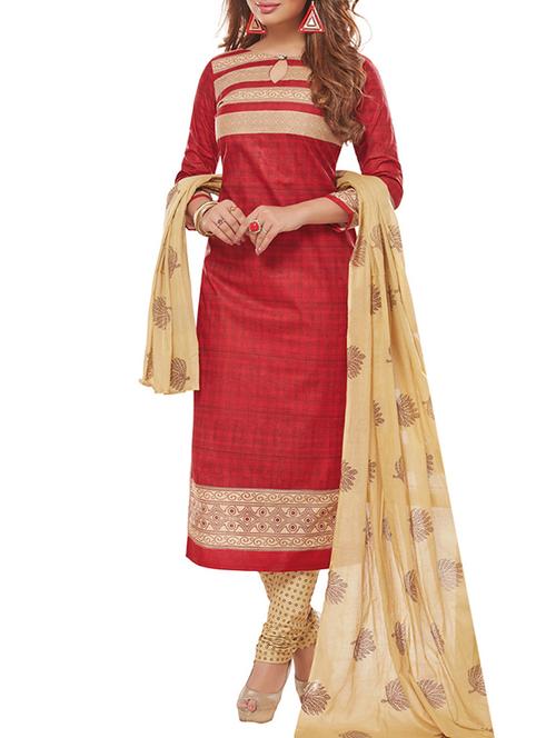 red cotton printed unstitched suit - 12786389 - Very Small Image - 1
