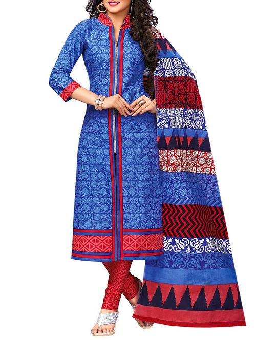 blue cotton printed unstitched suit - 12786409 - Very Small Image - 1
