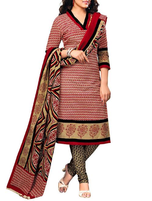 red cotton printed unstitched suit - 12786413 - Very Small Image - 1
