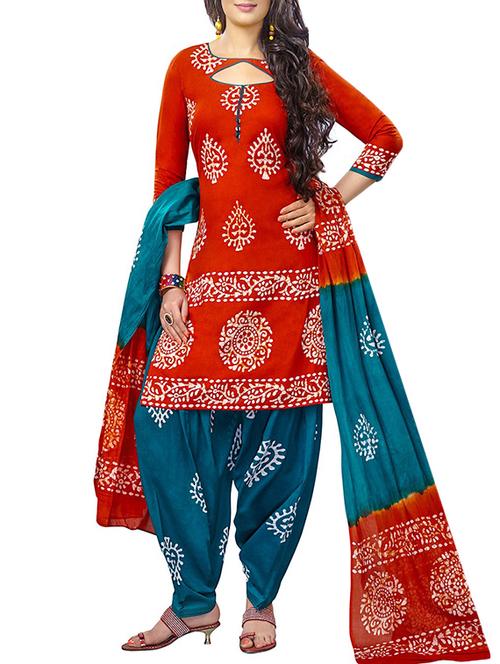red cotton printed unstitched suit - 12786418 - Very Small Image - 1