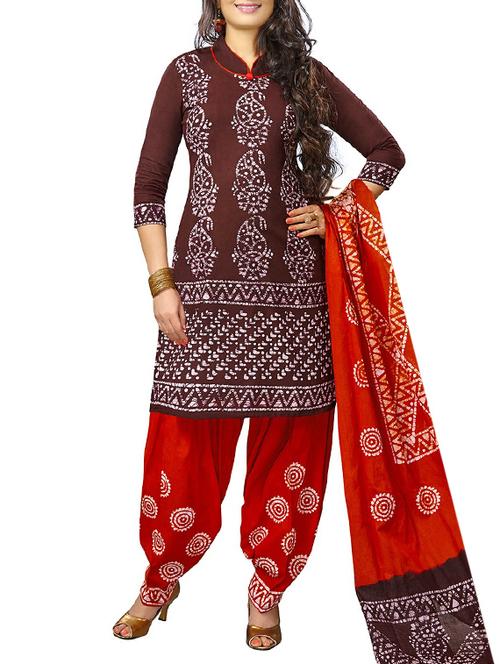 brown cotton printed unstitched suit - 12786422 - Very Small Image - 1