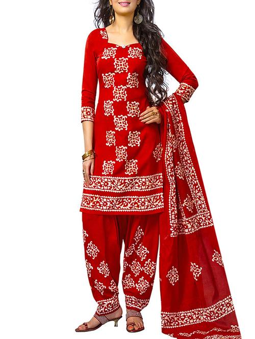 red cotton unstitched salwar suits - 12786426 - Very Small Image - 1