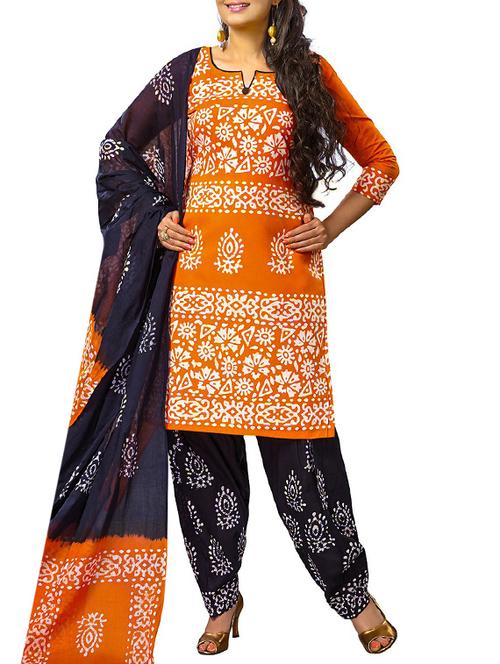 orange cotton unstitched salwar suit - 12786429 - Very Small Image - 1