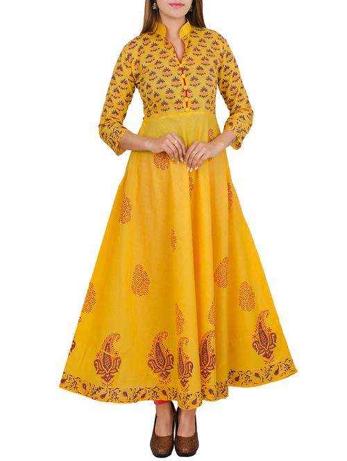 yellow cotton printed flared kurta - 12787538 - Very Small Image - 1