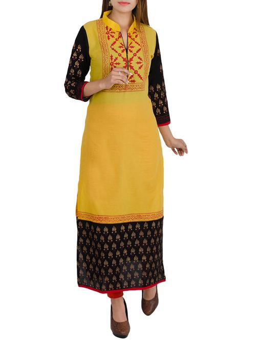 yellow cotton printed long kurta - 12787542 - Very Small Image - 1