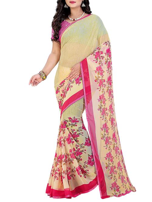 beige floral printed georgette saree - 12791464 - Very Small Image - 1