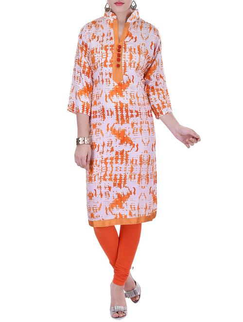 white & orange rayon straight kurti - 12793633 - Very Small Image - 1