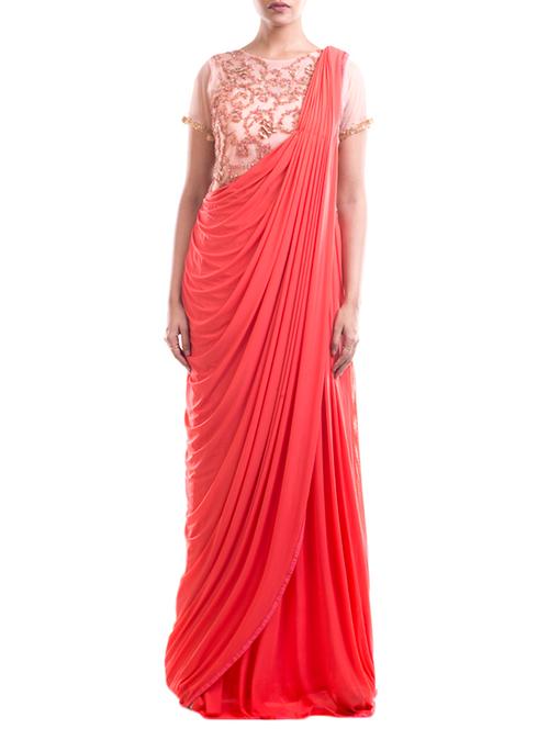 tomato red and bisque embroidered saree gown - 12794027 - Very Small Image - 1