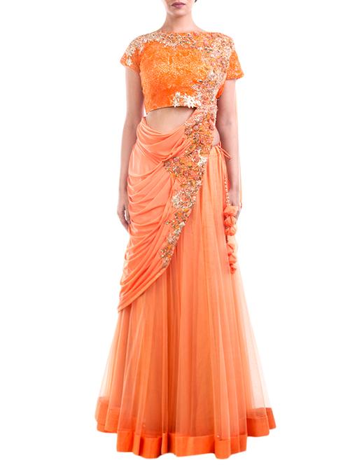 orange georgette draped lehenga gown with blouse - 12794028 - Very Small Image - 1