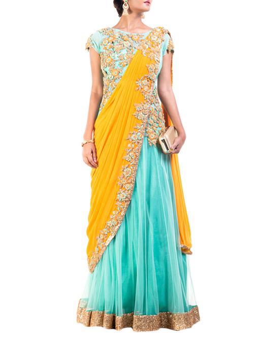 aquamarine and mustard embroidered gown saree - 12794029 - Very Small Image - 1