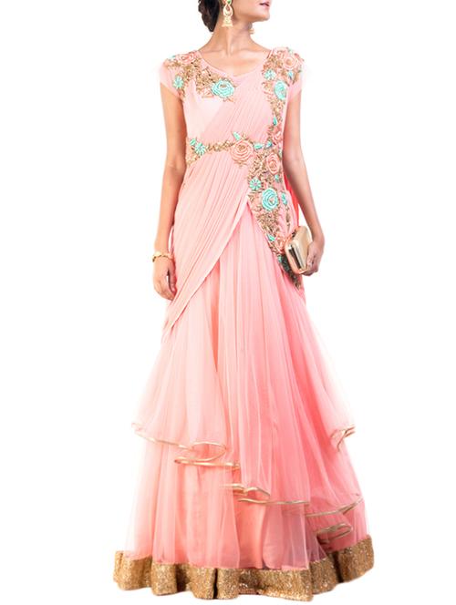 peach embroidered layered gown saree with blouse - 12794030 - Very Small Image - 1