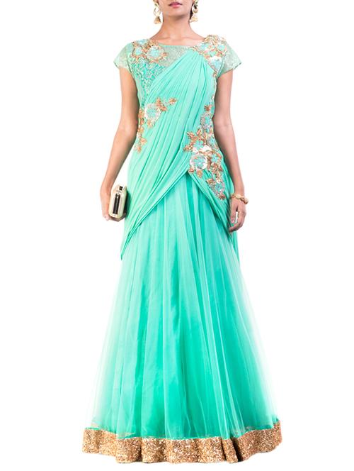 cyan embroidered gown saree - 12794031 - Very Small Image - 1