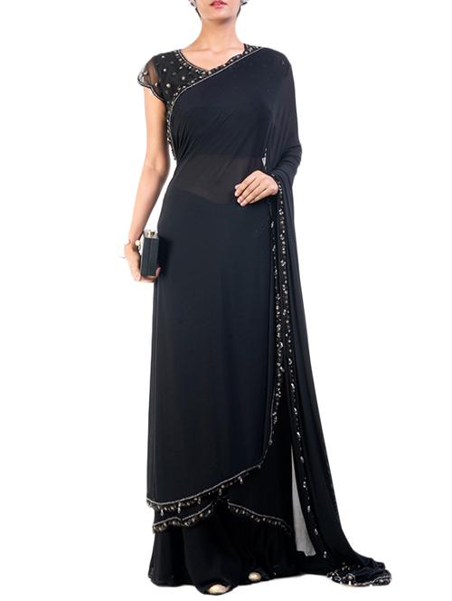 black embroidered and embellished saree with blouse - 12794034 - Very Small Image - 1