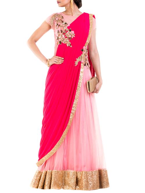 light pink embroidered gown saree with blouse - 12794037 - Very Small Image - 1