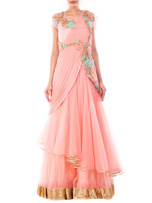 blush pink embroidered gown saree with blouse - 12794048 - Very Small Image - 1