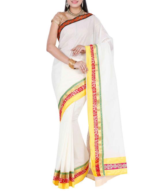 cream kerala kasavu cotton saree with blouse - 12795991 - Very Small Image - 1
