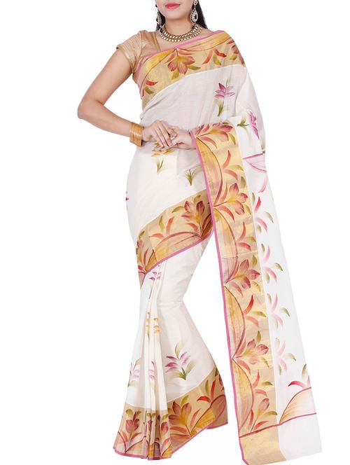 cream kerala kasavu cotton saree with blouse - 12796000 - Very Small Image - 1