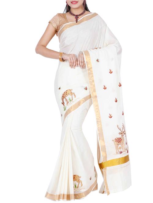 cream kerala kasavu cotton saree with blouse - 12796002 - Very Small Image - 1
