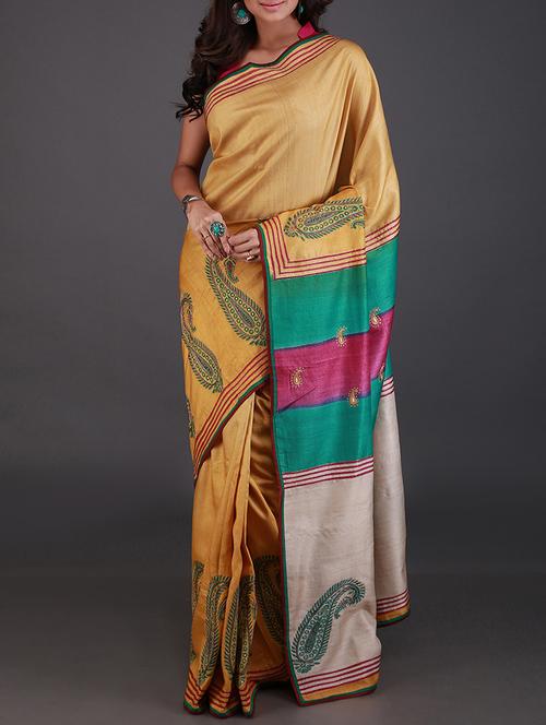 yellow tussar silk handloom saree - 12798266 - Very Small Image - 1