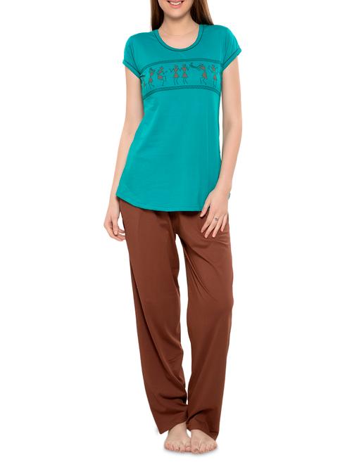 teal and brown night suit set - 1279890 - Very Small Image - 1