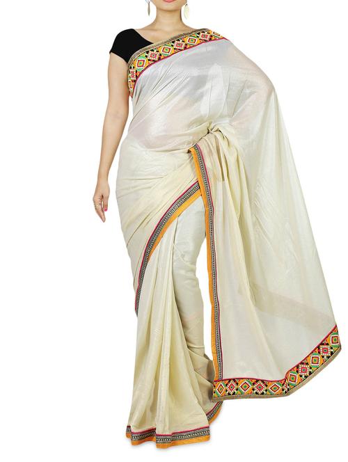 cream georgette shimmer saree with embroidered border - 1279940 - Very Small Image - 1