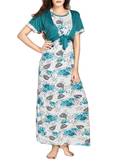 blue floral printed satin gowns - 12799913 - Very Small Image - 1