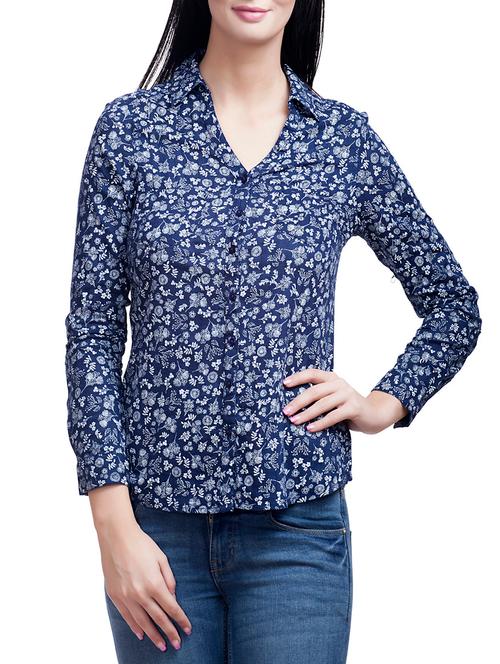 navy blue floral printed cotton regular shirt - 12800347 - Very Small Image - 1