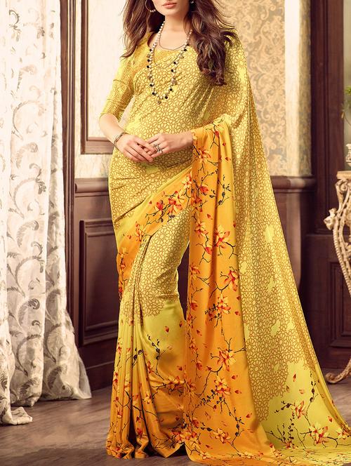 yellow floral printed crepe saree with blouse - 12809441 - Very Small Image - 1